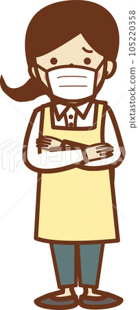 A woman in an apron with a troubled face wearing a mask A woman in an apron with a troubled face wearing a mask 105220358
