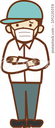 A man in work clothes with a troubled face wearing a mask. A man in work clothes with a troubled face wearing a mask. 105220359