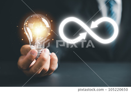 Man reveals light bulb with infinite symbol icon, illustrating creative new idea. Innovation, unlimited brainstorming, inspiration, and solution. Development and data exchange for business growth. 105220650