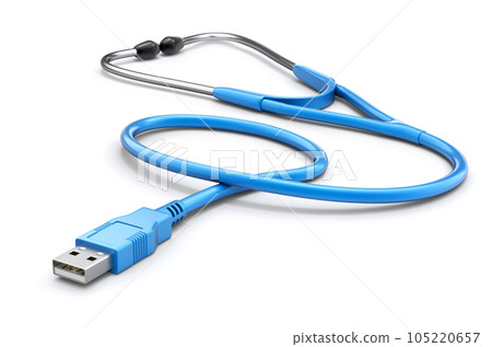 Computer diagnostic tool - 3D concept with stethoscope and USB plug Computer diagnostic tool - 3D concept with stethoscope and USB plug 105220657