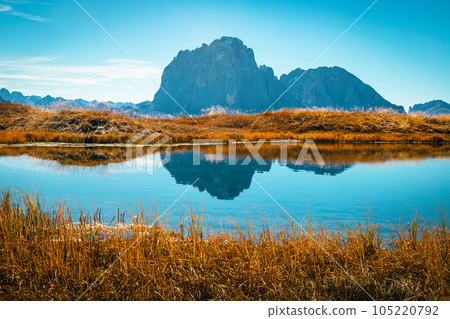 Clean lake in the Puez-Odle mountain group, Dolomites, Italy 105220792
