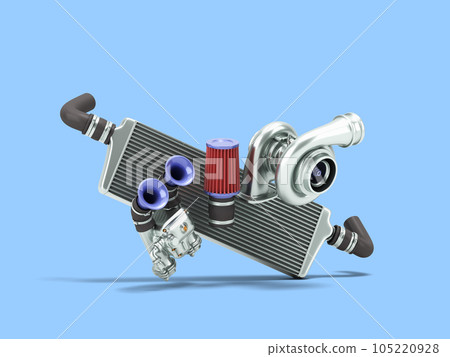 Set of custom spare car parts for tuning the internal components 3d render on white 105220928
