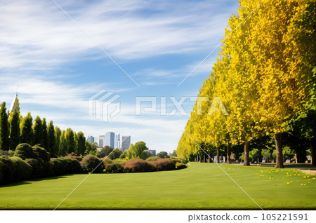 AI image Lawn, tree-lined streets, city center buildings AI image Lawn, tree-lined streets, city center buildings 105221591