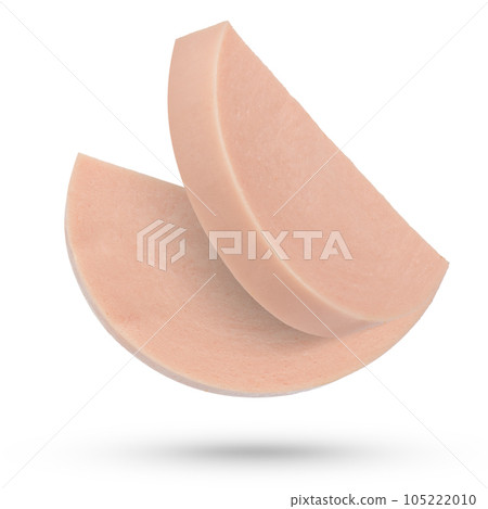 Slices of boiled chicken sausage on a white isolated background. The texture of slices of boiled diet sausage casts a shadow close-up on a white background. Fresh chicken sausage. Slices of boiled chicken sausage on a white isolated background. The texture of slices of boiled diet sausage casts a shadow close-up on a white background. Fresh chicken sausage. 105222010