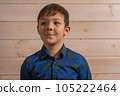 Portrait of a boy 8 years old brunette in a blue shirt. Smiling with closed lips. 105222464