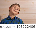 Portrait of a boy 8 years old brunette in a blue shirt. Depicts a dream while standing. 105222486