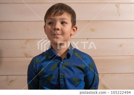 Portrait of a boy 8 years old brunette in a blue shirt. Smiling with closed lips. 105222494