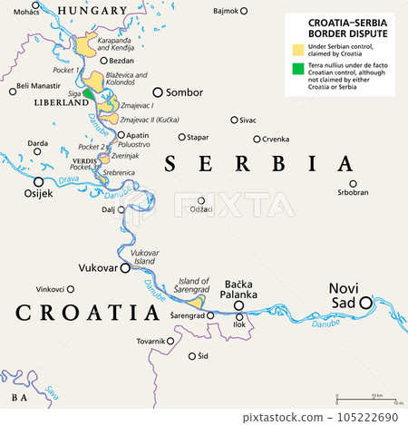 Croatia-Serbia border dispute, political map. Yellow marked Danube area under Serbian control, but claimed by Croatia. Two areas of no mans land are claimed by the micronations Liberland and Verdis. 105222690