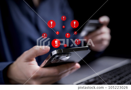 People with warning notification and spam message icon on mobile phone People with warning notification and spam message icon on mobile phone 105223026