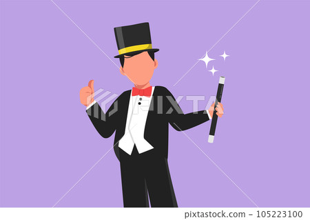 Graphic flat design drawing funny male magician in tuxedo suit with gesture thumbs up wearing hat and holding magic stick ready to entertain audience in circus show. Cartoon style vector illustration 105223100