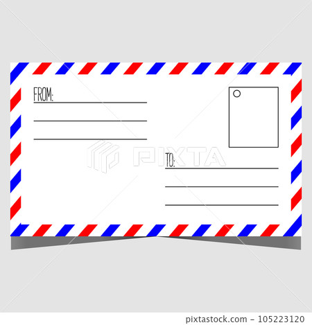 Empty mail postcard design template. Vector illustration of blank mockup of standard paper post card with fields for recipient and sender and place for postage stamp. Ready to print horizontal layout. Empty mail postcard design template. Vector illustration of blank mockup of standard paper post card with fields for recipient and sender and place for postage stamp. Ready to print horizontal layout. 105223120