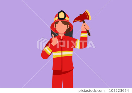 Cartoon flat style drawing female firefighter in complete uniform holding glass breaking axe with thumbs up gesture prepare to put out fire that burned the building. Graphic design vector illustration Cartoon flat style drawing female firefighter in complete uniform holding glass breaking axe with thumbs up gesture prepare to put out fire that burned the building. Graphic design vector illustration 105223654