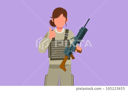 Graphic flat design drawing female soldier in full uniform, holding weapon with thumbs up gesture, ready to defend country on battlefield against enemy. Army on duty. Cartoon style vector illustration Graphic flat design drawing female soldier in full uniform, holding weapon with thumbs up gesture, ready to defend country on battlefield against enemy. Army on duty. Cartoon style vector illustration 105223655