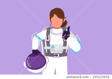 Graphic flat design drawing female astronaut holding helmet with thumbs up gesture wearing spacesuit ready to explore outer space in search of mysteries of universe. Cartoon style vector illustration 105223656