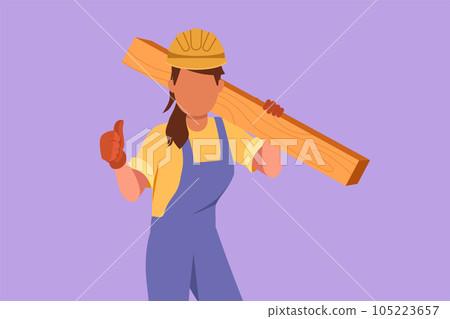 Character flat drawing female carpenter carrying wooden board with thumbs up gesture and working in workshop making wooden products. Skills in using carpentry tool. Cartoon design vector illustration Character flat drawing female carpenter carrying wooden board with thumbs up gesture and working in workshop making wooden products. Skills in using carpentry tool. Cartoon design vector illustration 105223657