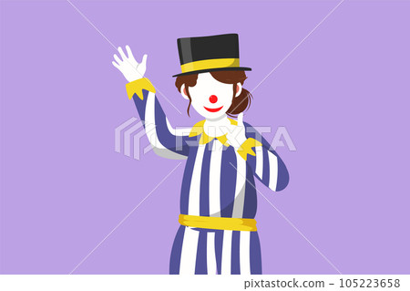 Cartoon flat style drawing female clown hand say hi and the other hand with thumbs up gesture. Wearing hat and smiling face makeup. Entertain kids at birthday party. Graphic design vector illustration Cartoon flat style drawing female clown hand say hi and the other hand with thumbs up gesture. Wearing hat and smiling face makeup. Entertain kids at birthday party. Graphic design vector illustration 105223658