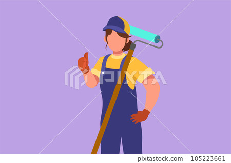 Cartoon flat style drawing cute handywoman holding long paintbrush roll with thumbs up gesture is ready to work on painting wall and repairing damaged part of house. Graphic design vector illustration Cartoon flat style drawing cute handywoman holding long paintbrush roll with thumbs up gesture is ready to work on painting wall and repairing damaged part of house. Graphic design vector illustration 105223661