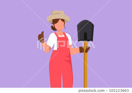 Graphic flat design drawing of female farmer holding shovel with thumbs up gesture and wearing straw hat working on farm at harvest time. Countryside or rural living. Cartoon style vector illustration Graphic flat design drawing of female farmer holding shovel with thumbs up gesture and wearing straw hat working on farm at harvest time. Countryside or rural living. Cartoon style vector illustration 105223663