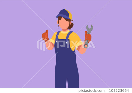 Cartoon flat style drawing attractive female mechanic holding wrench with thumbs up gesture and ready to perform maintenance on the vehicle engine or transportation. Graphic design vector illustration Cartoon flat style drawing attractive female mechanic holding wrench with thumbs up gesture and ready to perform maintenance on the vehicle engine or transportation. Graphic design vector illustration 105223664