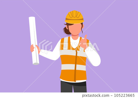 Character flat drawing female architect wearing vest and helmet with thumbs up gesture, carrying blueprint paper for the building work plan. Builder on work at site. Cartoon design vector illustration Character flat drawing female architect wearing vest and helmet with thumbs up gesture, carrying blueprint paper for the building work plan. Builder on work at site. Cartoon design vector illustration 105223665