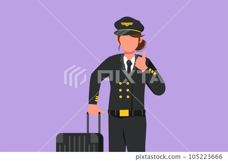 Graphic flat design drawing female pilot with thumb up gesture and in uniform ready to fly with cabin crew with aircraft at airport. Airline travel or plane industry. Cartoon style vector illustration Graphic flat design drawing female pilot with thumb up gesture and in uniform ready to fly with cabin crew with aircraft at airport. Airline travel or plane industry. Cartoon style vector illustration 105223666