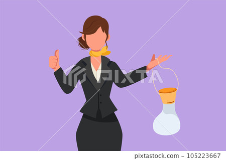 Cartoon flat style drawing cute flight attendant holding air mask with thumb up gesture demonstrate emergency situation in cabin plane. Serve passengers in airplane. Graphic design vector illustration 105223667