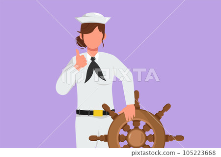 Character flat drawing bravery sailor woman with thumbs up gesture ready to sail across seas in ship that is headed by captain. Female sailor traveling across ocean. Cartoon design vector illustration Character flat drawing bravery sailor woman with thumbs up gesture ready to sail across seas in ship that is headed by captain. Female sailor traveling across ocean. Cartoon design vector illustration 105223668