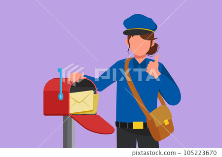 Cartoon flat style drawing postwoman holding envelope on mail box with thumbs up gesture, wearing hat, bag, uniform, working hard to delivery mail to home address. Graphic design vector illustration Cartoon flat style drawing postwoman holding envelope on mail box with thumbs up gesture, wearing hat, bag, uniform, working hard to delivery mail to home address. Graphic design vector illustration 105223670