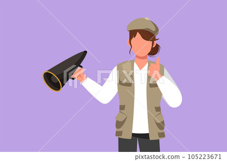 Character flat drawing female film director holding megaphone with thumbs up gesture, wearing vest, and cap while set the crew for shooting romance film in studio. Cartoon design vector illustration Character flat drawing female film director holding megaphone with thumbs up gesture, wearing vest, and cap while set the crew for shooting romance film in studio. Cartoon design vector illustration 105223671