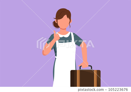 Cartoon flat style drawing maid in hotel holding suitcase with thumbs up gesture. Work deftly to clean and prepare sheet bed in hotel room with professional manner. Graphic design vector illustration Cartoon flat style drawing maid in hotel holding suitcase with thumbs up gesture. Work deftly to clean and prepare sheet bed in hotel room with professional manner. Graphic design vector illustration 105223676