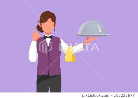 Character flat drawing female waitress holding tray of delicious meals with thumbs up gesture serving customers in restaurant. Work hard to make guests feel happy. Cartoon design vector illustration Character flat drawing female waitress holding tray of delicious meals with thumbs up gesture serving customers in restaurant. Work hard to make guests feel happy. Cartoon design vector illustration 105223677