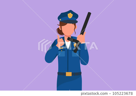 Cartoon flat style drawing attractive policewoman holding police baton with thumbs up gesture and in full uniform ready to enforce traffic discipline on the highway. Graphic design vector illustration Cartoon flat style drawing attractive policewoman holding police baton with thumbs up gesture and in full uniform ready to enforce traffic discipline on the highway. Graphic design vector illustration 105223678