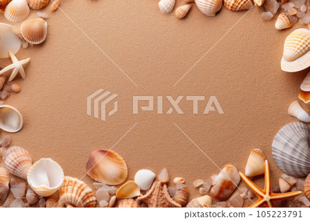Flat Lay View of Beach Sand, Shells, and Ocean. Generative AI Flat Lay View of Beach Sand, Shells, and Ocean. Generative AI 105223791