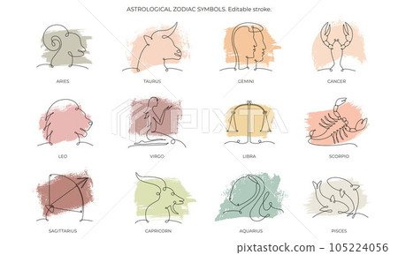 Astrological zodiac constellation one single hand drawing continues line symbols set. Vector stock illustration pack isolated on white with boho colour brush background. Editable stroke line. EPS10 105224056