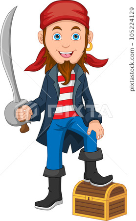 young pirates holding a sword with treasure box 105224129