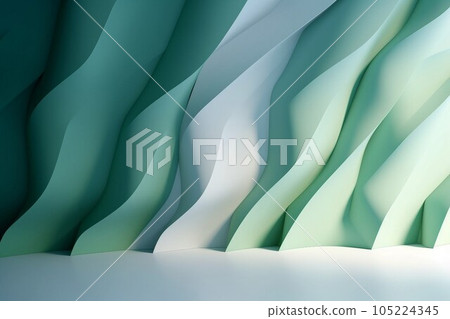 紙工藝背景。空間有白色和綠色扭曲的幾何牆壁。 AI生成圖像 105224345