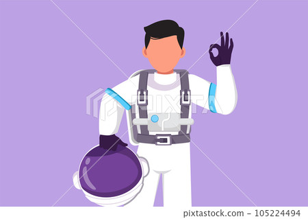 Character flat drawing active male astronaut holding helmet with okay gesture wearing spacesuit and ready to explore outer space in search of mysteries of universe. Cartoon design vector illustration 105224494