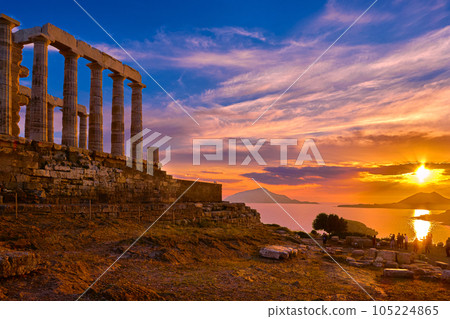 Sunset sky and ancient ruins of temple of Poseidon, Sounion, Greece 105224865
