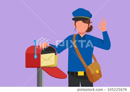 Cartoon flat style drawing beauty postwoman holding envelope on mail box with okay gesture, wearing hat, bag, uniform, working hard to delivery mail to home address. Graphic design vector illustration Cartoon flat style drawing beauty postwoman holding envelope on mail box with okay gesture, wearing hat, bag, uniform, working hard to delivery mail to home address. Graphic design vector illustration 105225676