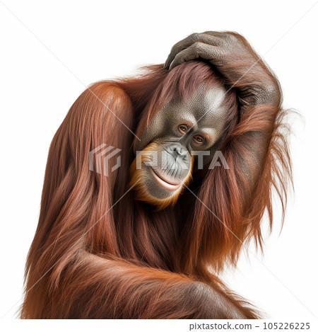 Orangutan monkey thinks, orangutan scratches his head with his hand in thought, close-up, on white background 105226225