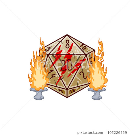 20 sided dice with numbers. Cartoon dice for fantasy dnd and rpg Board game. Magic fire isolated on white. Hand drawn Illustration 105226339