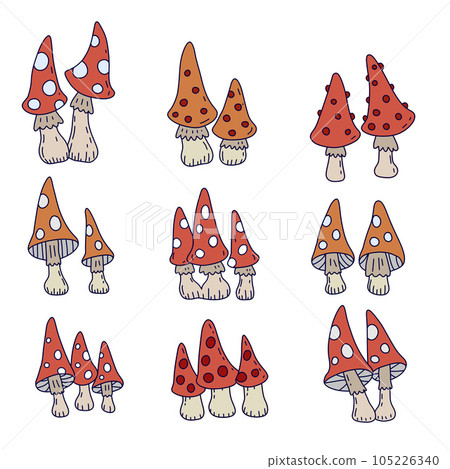 Set of mushrooms in retro style of 60s, 70s. Psychedelic abstract mushrooms, hippie style. Vector illustration isolated on a white background. Set of mushrooms in retro style of 60s, 70s. Psychedelic abstract mushrooms, hippie style. Vector illustration isolated on a white background. 105226340