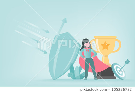 The protector stands nearby with a shield reflecting an arrow. Protect goals, target, overcome obstacles and solve problem. Flat vector design illustration. 105226782