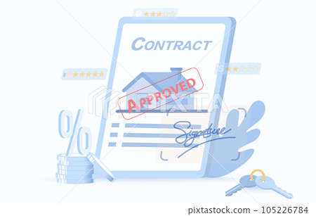 The concept of a housing contract. Legal agreements, home purchases, leases and mortgage arrangements for signing approval. Binding documents for seller and the buyer. Flat vector design illustration. The concept of a housing contract. Legal agreements, home purchases, leases and mortgage arrangements for signing approval. Binding documents for seller and the buyer. Flat vector design illustration. 105226784