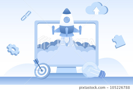 New business start up with rocket launch. Elements of growth management strategy, tactical plan, innovation, networking, goals and target. Flat vector design illustration. New business start up with rocket launch. Elements of growth management strategy, tactical plan, innovation, networking, goals and target. Flat vector design illustration. 105226788