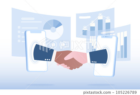 Online business and contract concept. Partners enter into a handshake agreement through an online platform using a mobile device. Management strategy, development, improvement to achieve success. Online business and contract concept. Partners enter into a handshake agreement through an online platform using a mobile device. Management strategy, development, improvement to achieve success. 105226789