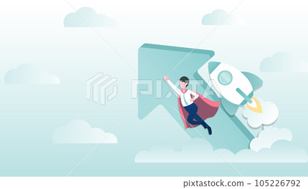 Business ideas concept. Businessman flying up to the sky with rocket and arrow to success. Symbol of progressive, stronger, growth up, improvement, challenge. Flat vector design illustration. Business ideas concept. Businessman flying up to the sky with rocket and arrow to success. Symbol of progressive, stronger, growth up, improvement, challenge. Flat vector design illustration. 105226792