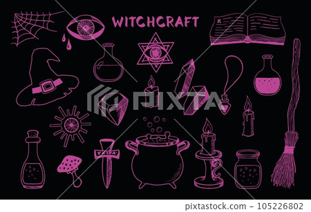 Mystic witchcraft symbols set. Magical hand drawn elements. Witch cauldron, hat, broom, candles and other design elements for Halloween. Sketch style. Vector illustration Mystic witchcraft symbols set. Magical hand drawn elements. Witch cauldron, hat, broom, candles and other design elements for Halloween. Sketch style. Vector illustration 105226802