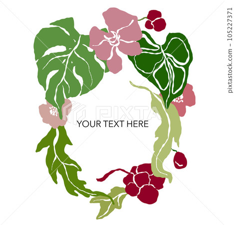 Vector tropical abstract fame of pink and red flowers, green leaves. Hand painted floral composition isolated on white background. Holiday Illustration for design, print, fabric or background. 105227371