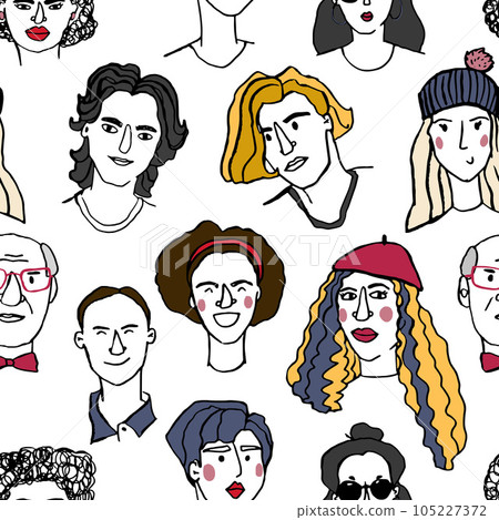 Line art seamless pattern of diversity group of young girls, men, boys, women, transgender people. Cartoon people avatars in flat style. Illustration for design, print, fabric or background. 105227372